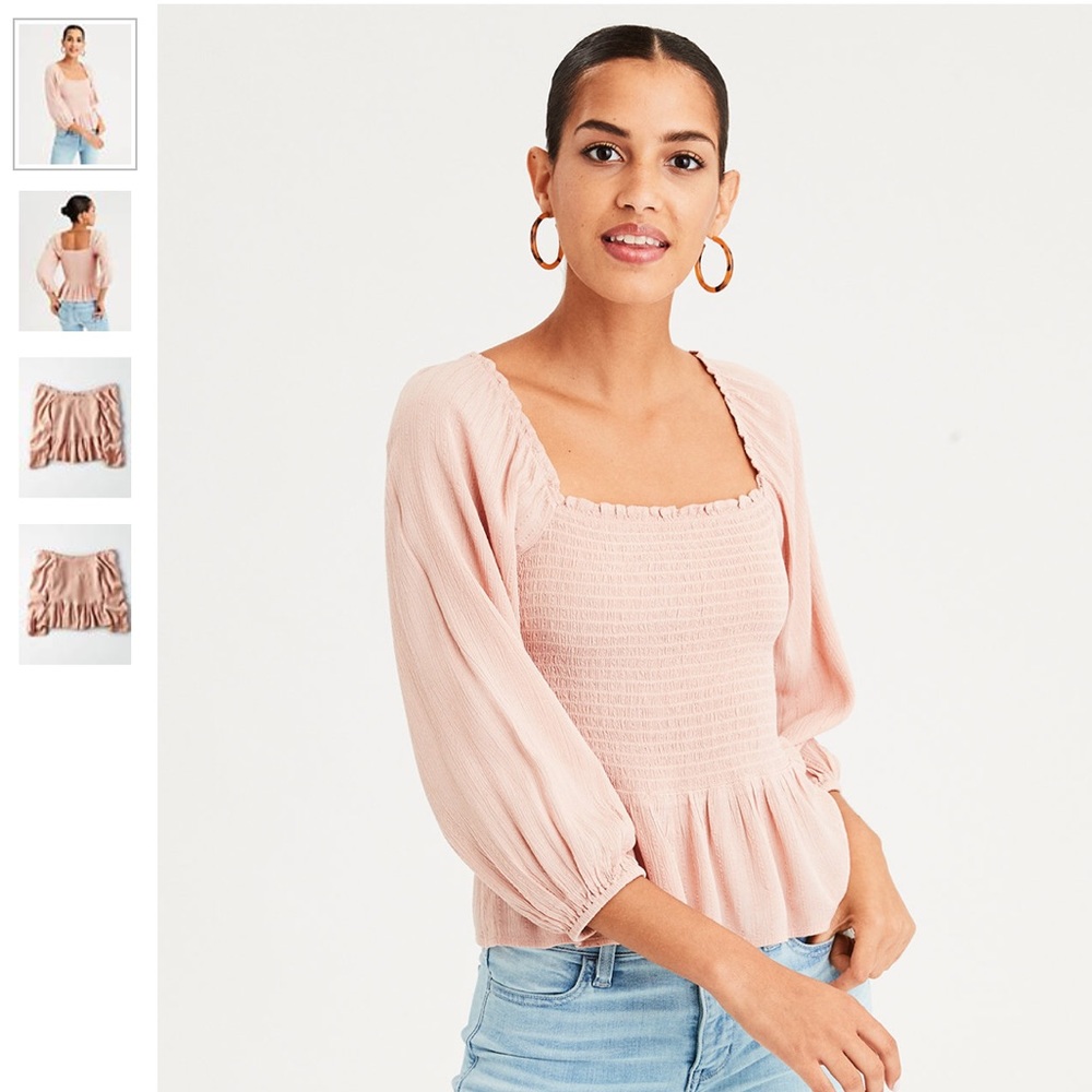 American Eagle Pink Smocked Body Long Sleeve Top